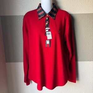 NWT Tommy Hilfiger Women’s Large Polo Shirt Red Striped Collar Long Sleeve Gold